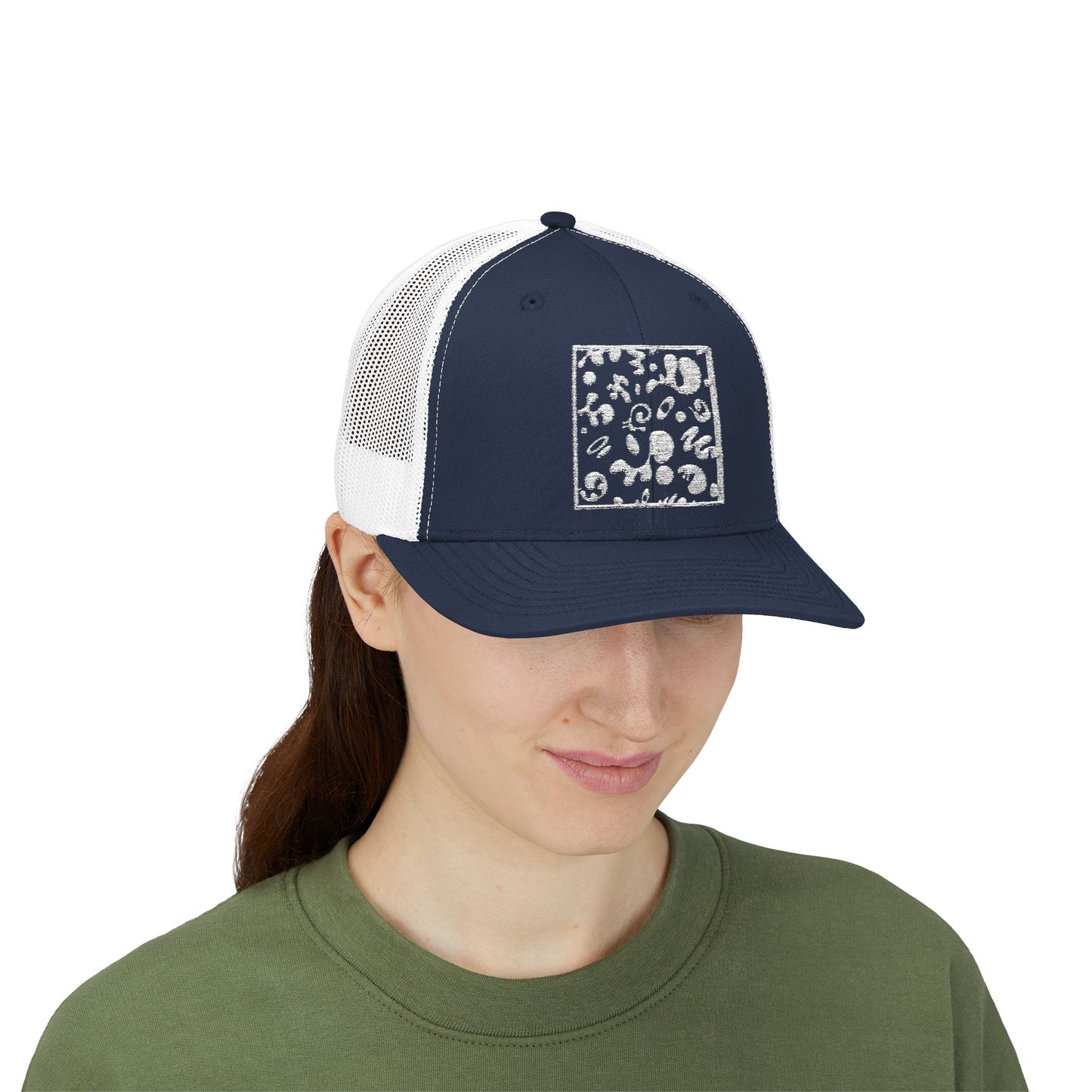 Adorn'd Square Embroidered Retro Trucker Hat - Starlight White