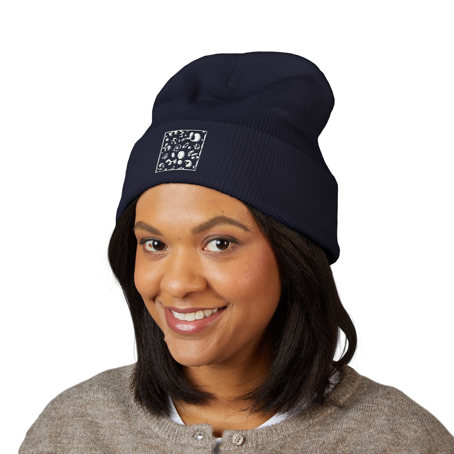 Adorn'd Square Embroidered Classic Cuffed Beanie - Starlight White