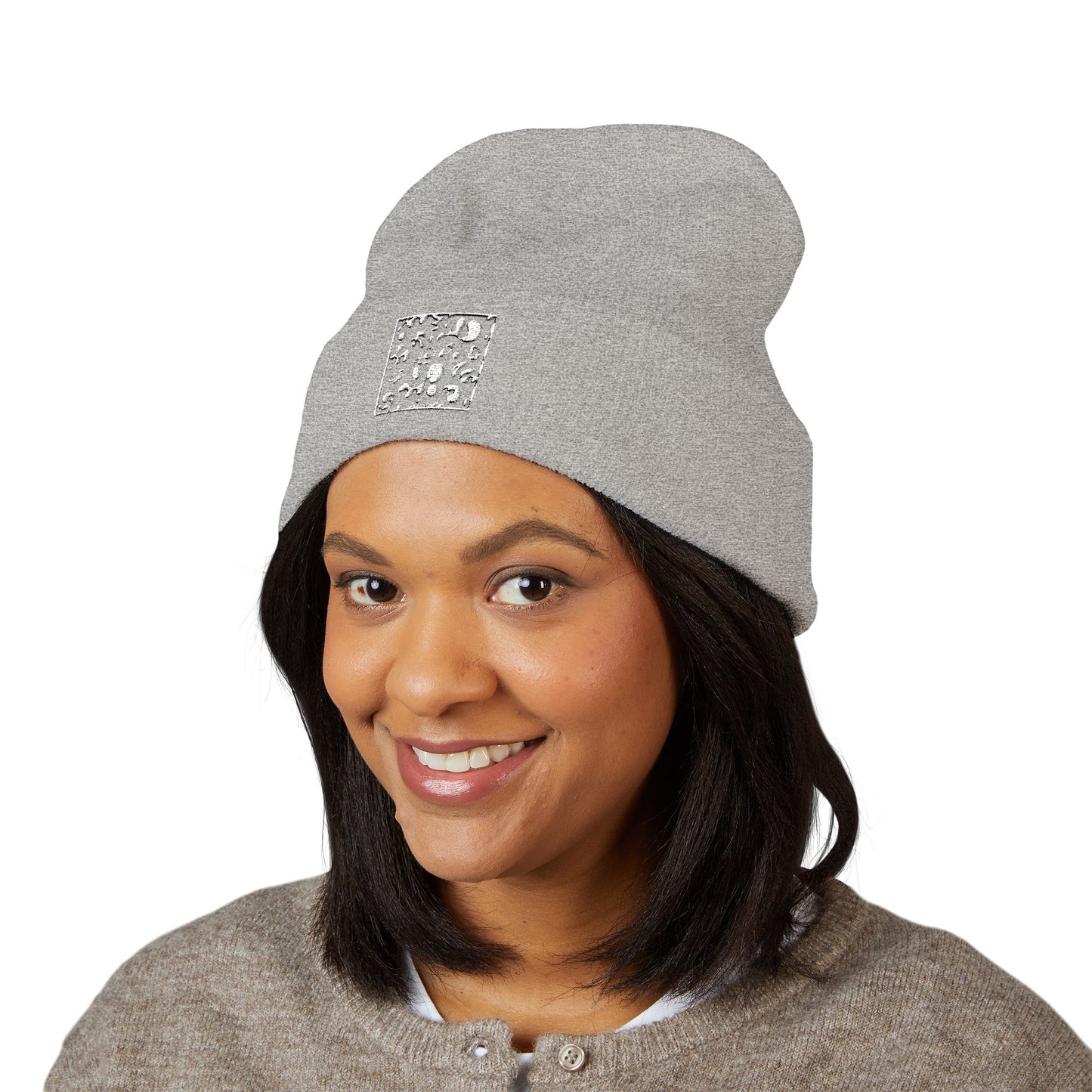 Adorn'd Square Embroidered Classic Cuffed Beanie - Starlight White