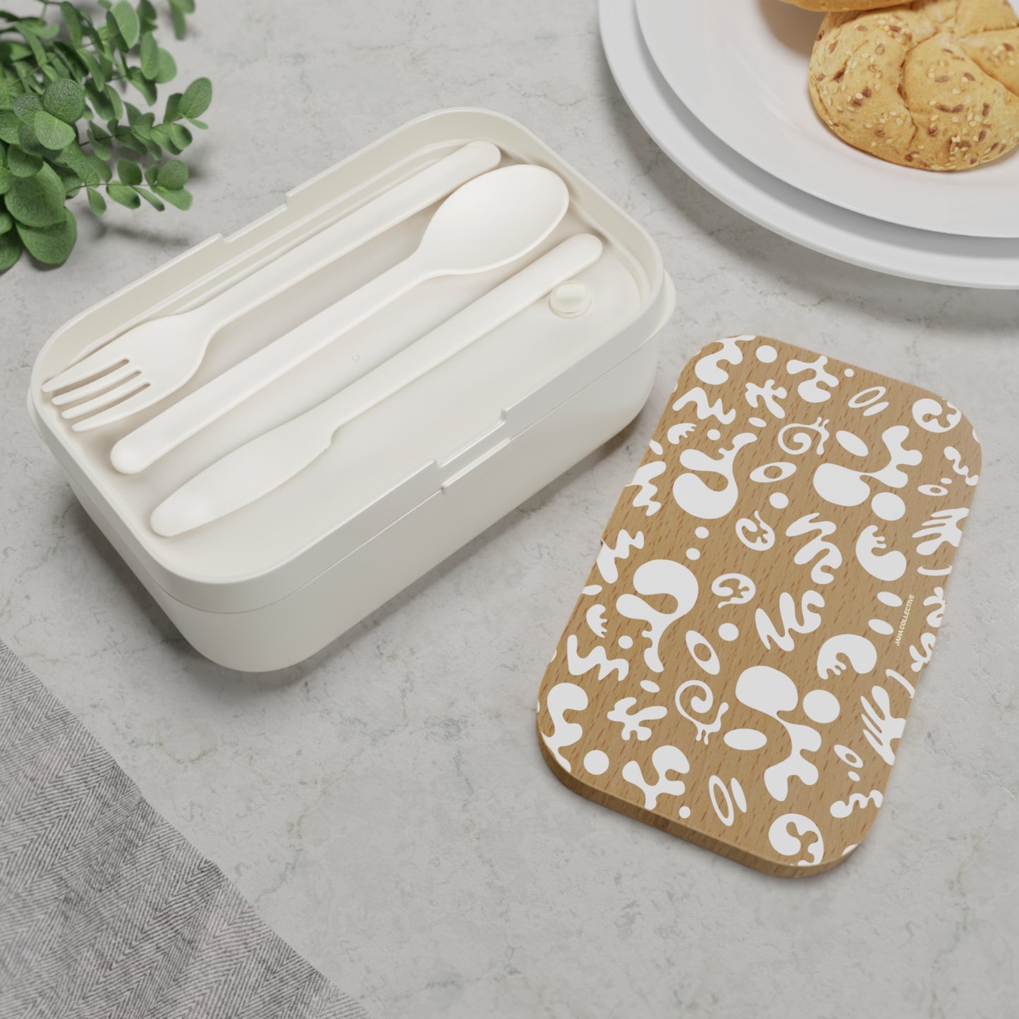 Mirror Work Bento Lunch Box w Elastic Band & Cutlery - Starlight White