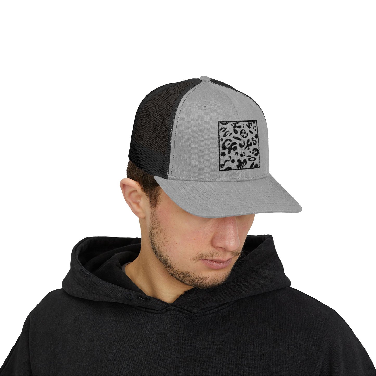 Adorn'd Square Embroidered Retro Trucker Hat - Smoke Signal Black