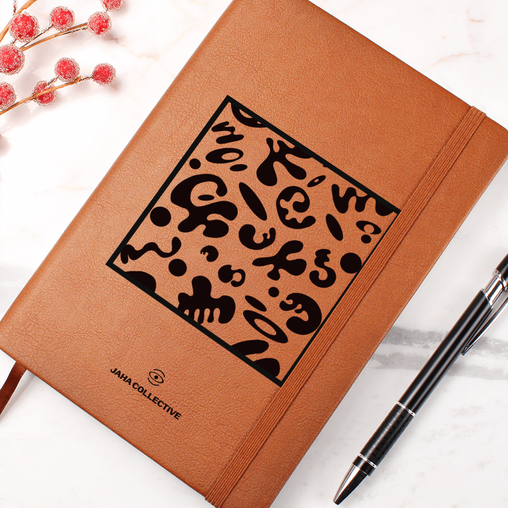 Adorn'd Minimalist Square Graphic Leather Journal w Ribbon & Elastic Band - Smoke Signal Black