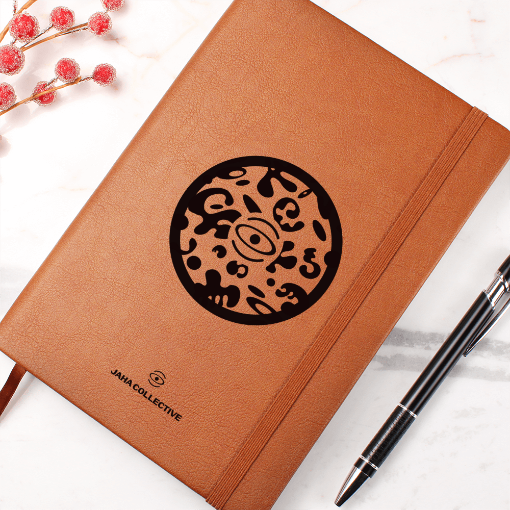 Adorn'd Minimalist Logo Graphic Leather Journal w Ribbon & Elastic Band - Smoke Signal Black