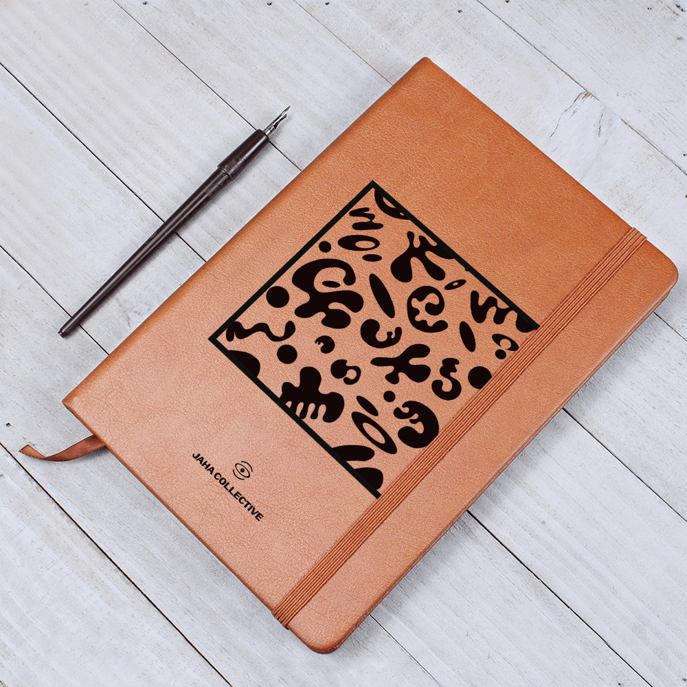 Adorn'd Minimalist Square Graphic Leather Journal w Ribbon & Elastic Band - Smoke Signal Black