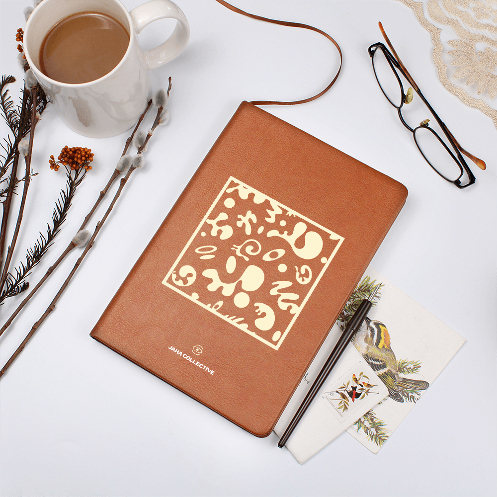 Adorn'd Minimalist Square Graphic Leather Journal w Ribbon & Elastic Band - Blank Page White