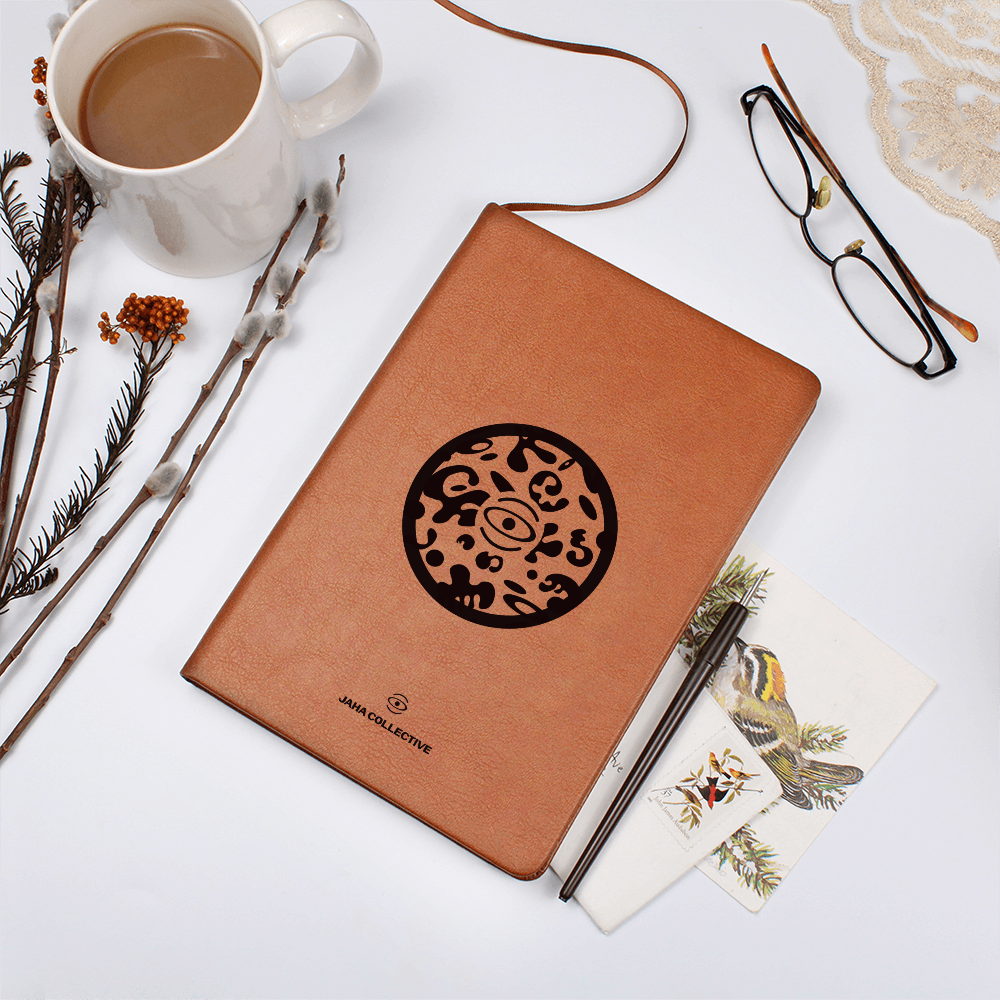 Adorn'd Minimalist Logo Graphic Leather Journal w Ribbon & Elastic Band - Smoke Signal Black