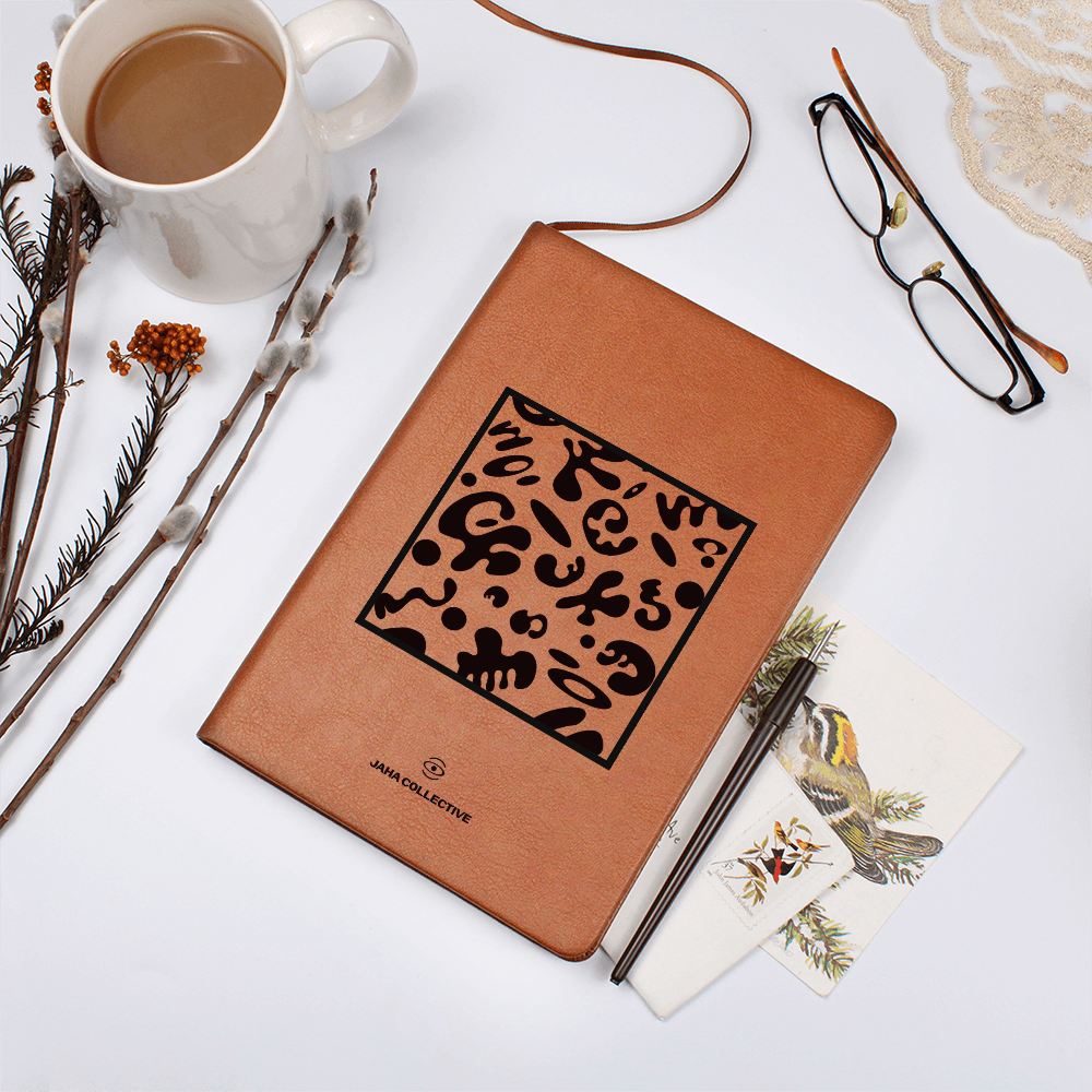 Adorn'd Minimalist Square Graphic Leather Journal w Ribbon & Elastic Band - Smoke Signal Black