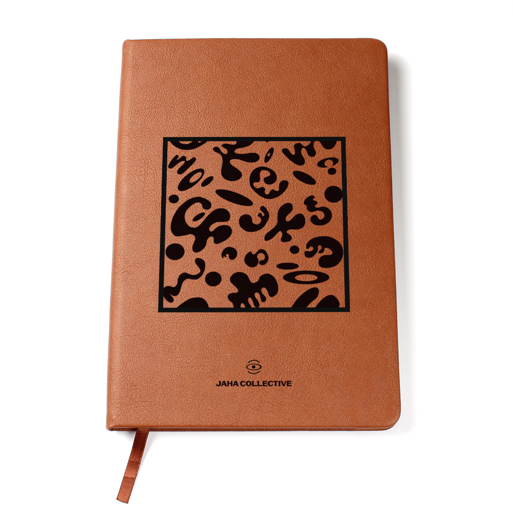Adorn'd Minimalist Square Graphic Leather Journal w Ribbon & Elastic Band - Smoke Signal Black
