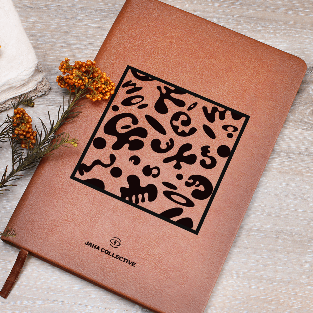 Adorn'd Minimalist Square Graphic Leather Journal w Ribbon & Elastic Band - Smoke Signal Black