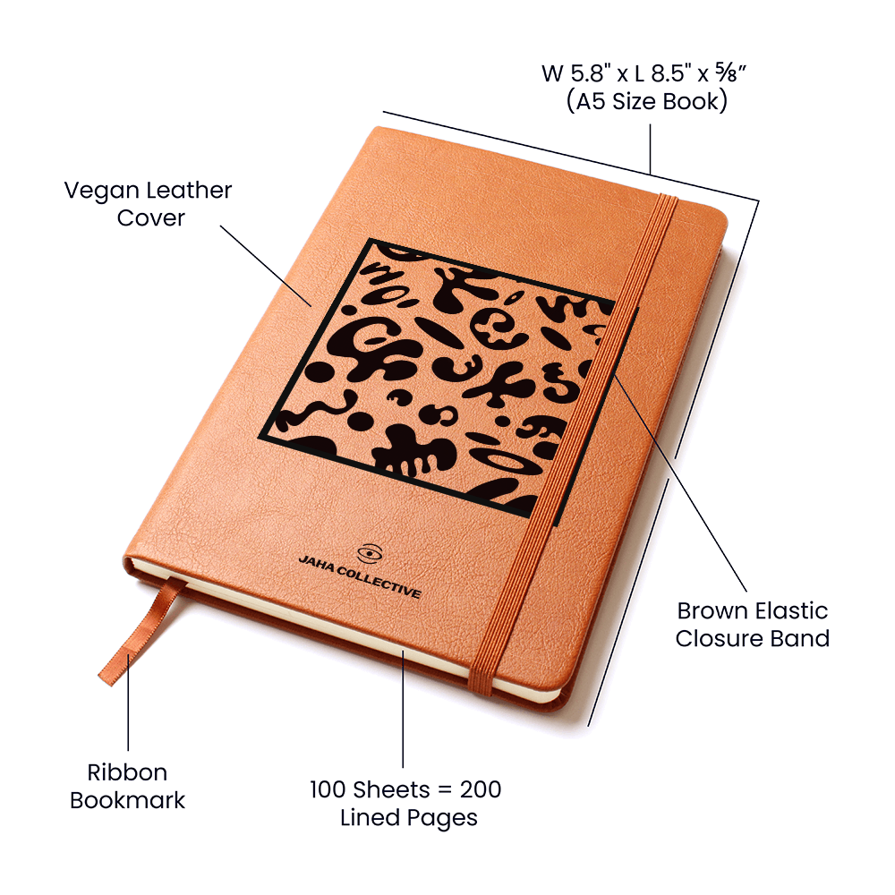 Adorn'd Minimalist Square Graphic Leather Journal w Ribbon & Elastic Band - Smoke Signal Black