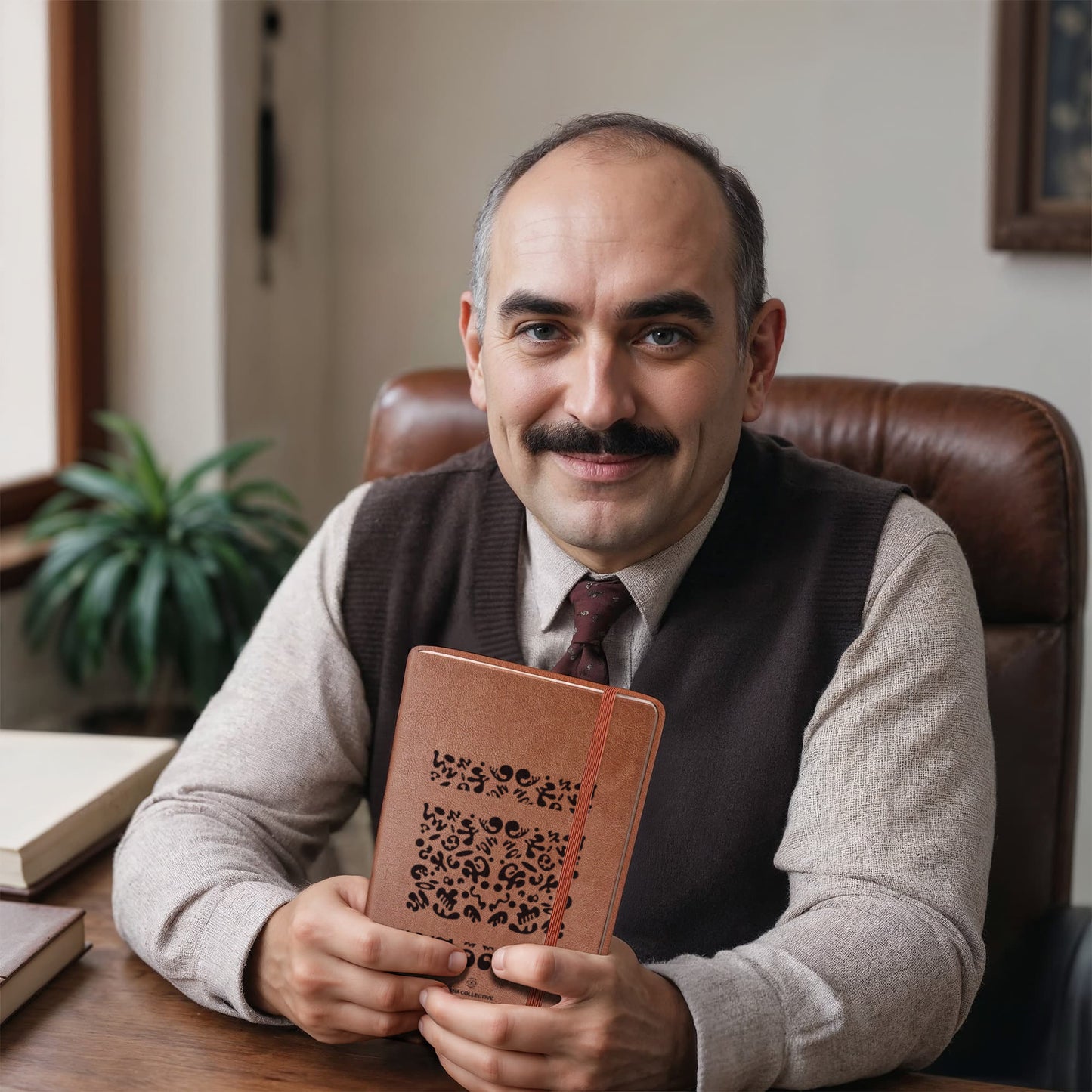 Mirror Work Minimalist Graphic Leather Journal w Ribbon and Elastic Band