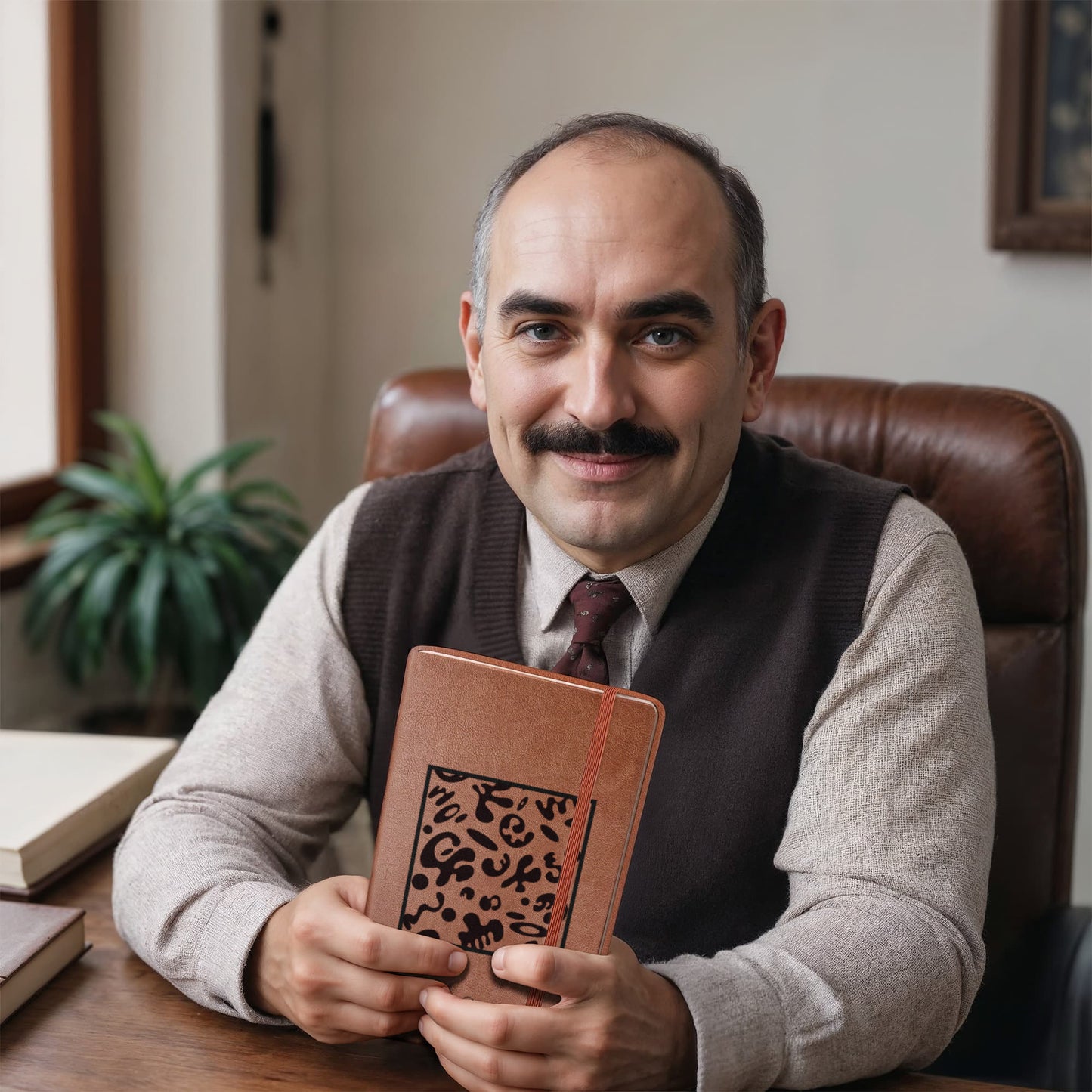 Adorn'd Minimalist Square Graphic Leather Journal w Ribbon & Elastic Band - Smoke Signal Black