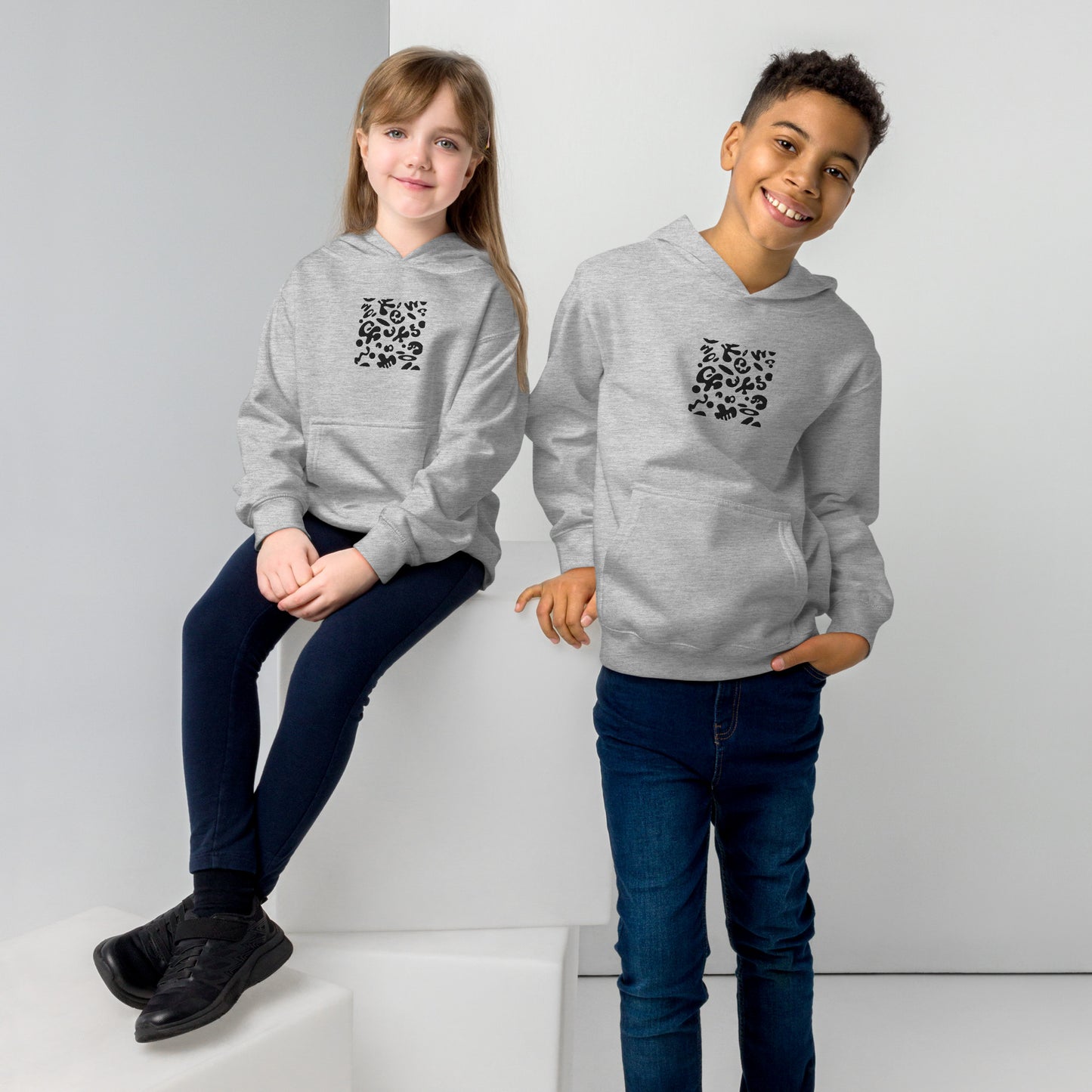 Adorn'd Kids Fleece Hoodie w Embroidered Front + Back Print - Smoke Signal Black