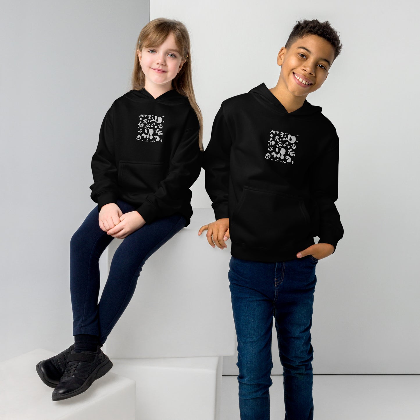 Adorn'd Kids Fleece Hoodie w Embroidered Front + Back Print - Starlight White
