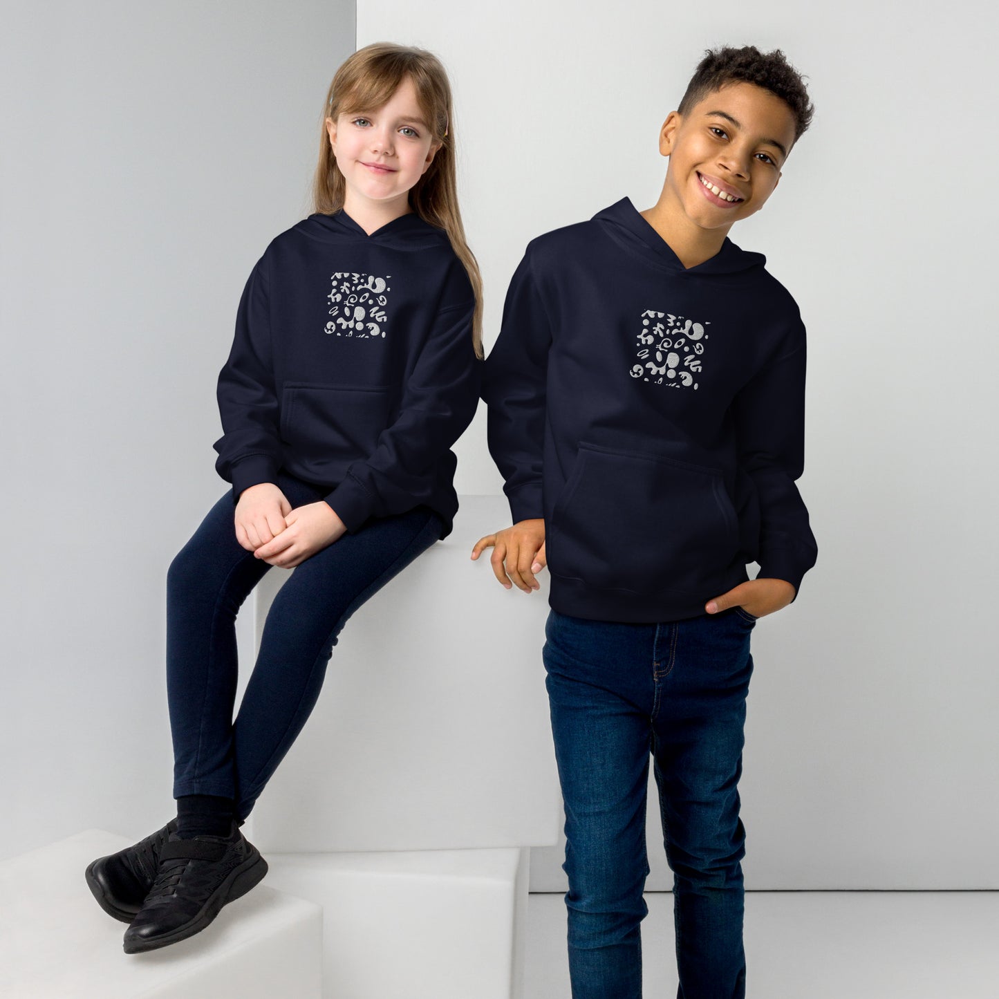 Adorn'd Kids Fleece Hoodie w Embroidered Front + Back Print - Starlight White