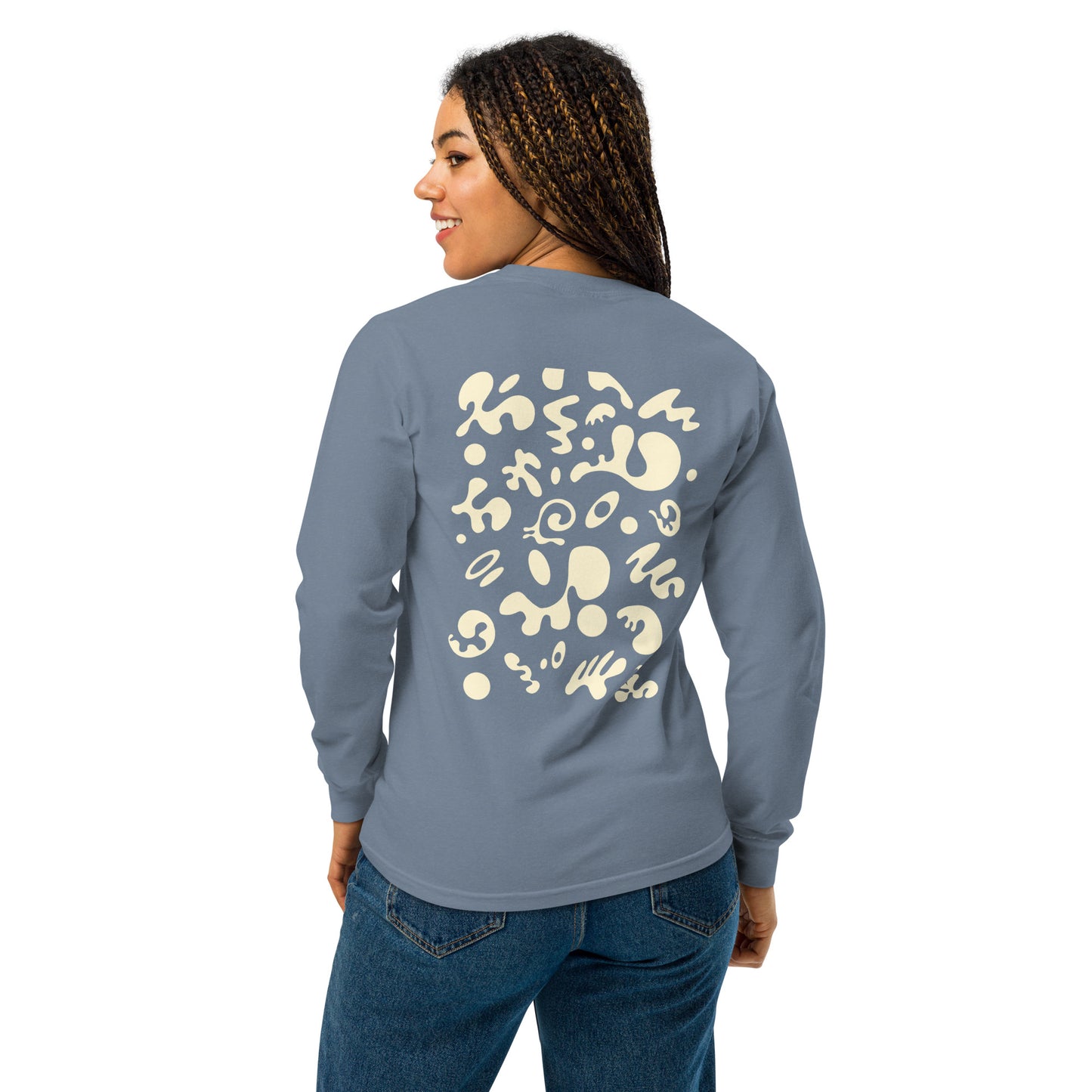 Jaha Logo Garment-Dyed Heavyweight Long Sleeve T Shirt w Embroidered Left Chest & Back Print - Blank Page White