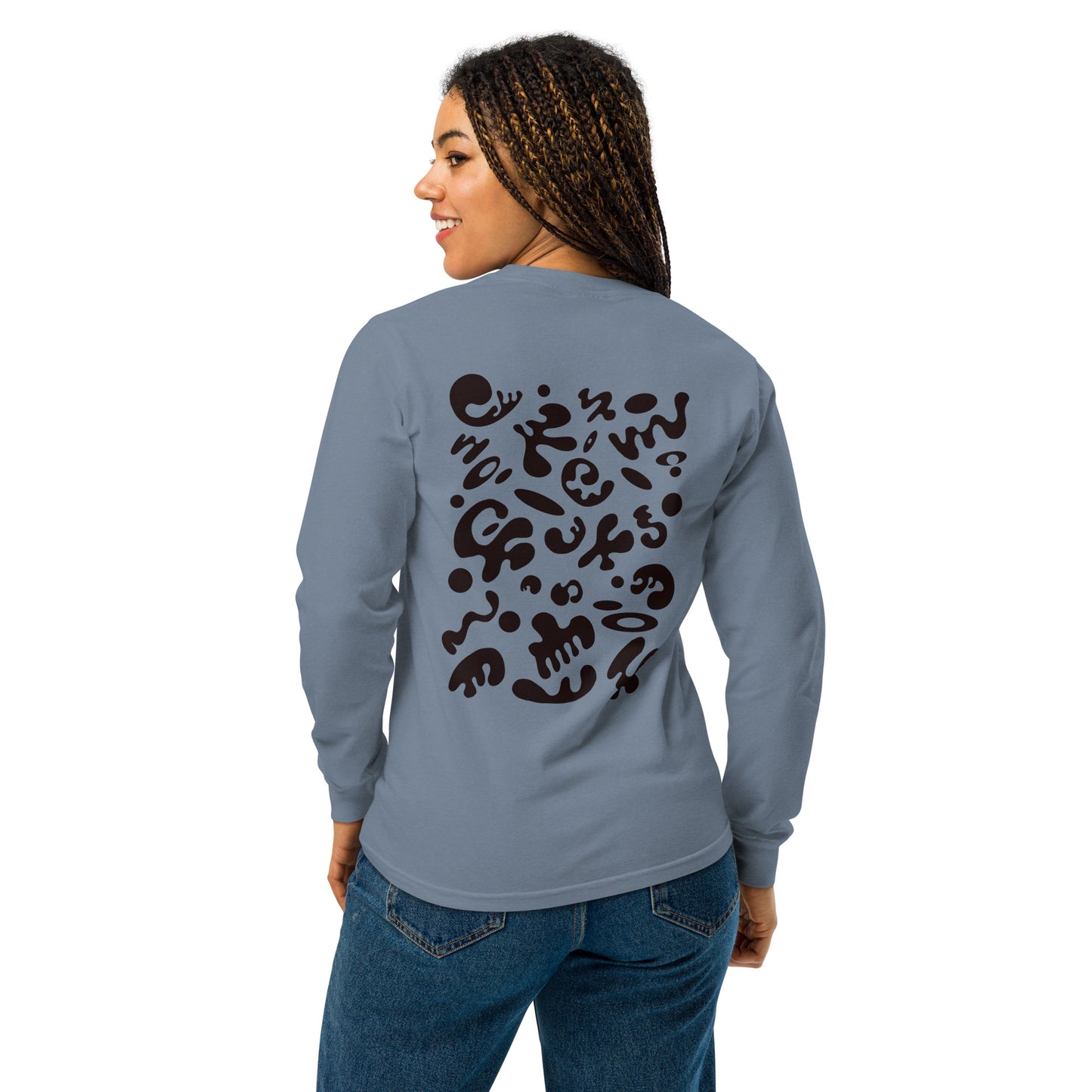 Jaha Logo Garment-Dyed Heavyweight Long Sleeve T Shirt w Embroidered Left Chest & Back Print - Smoke Signal Black