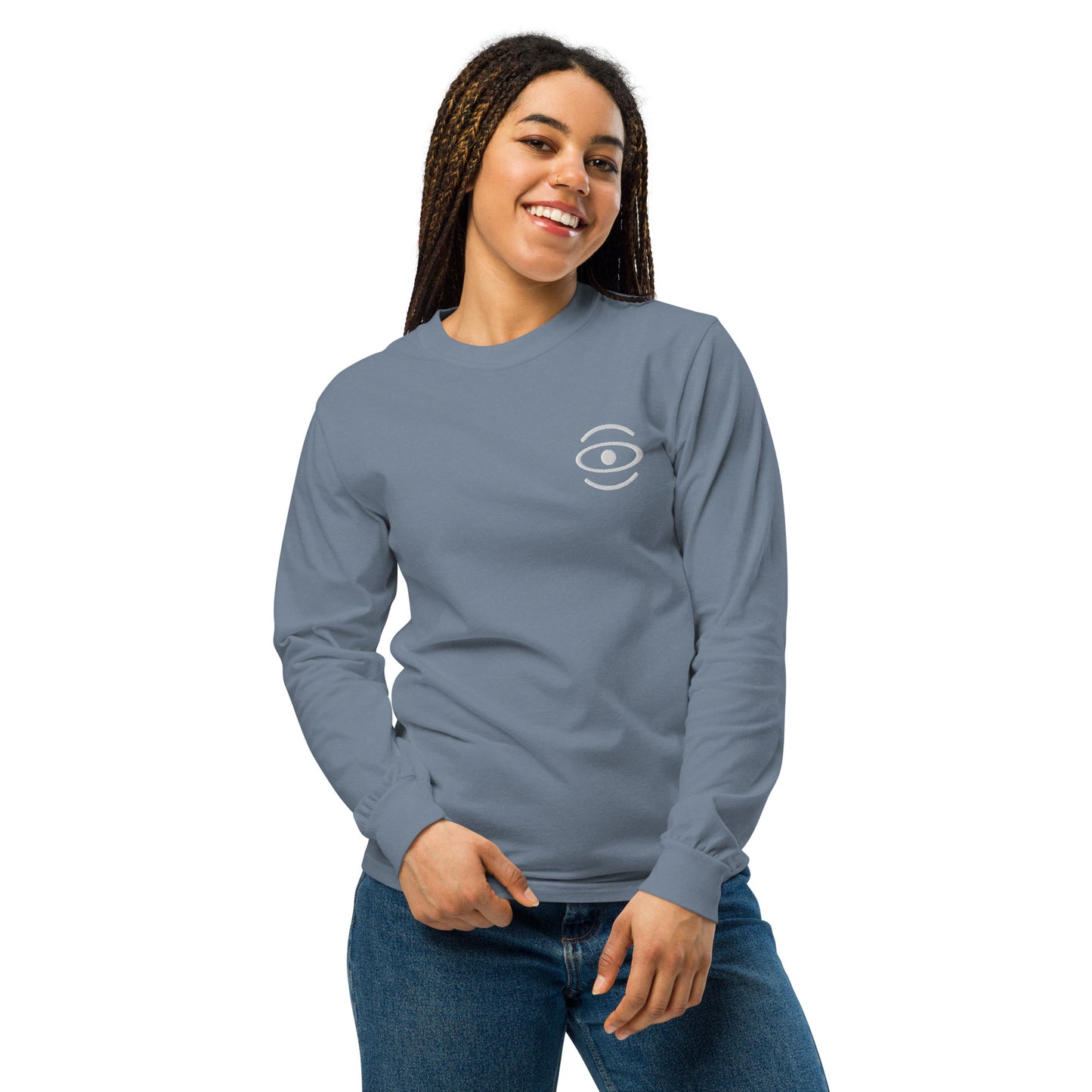 Jaha Logo Garment-Dyed Heavyweight Long Sleeve T Shirt w Embroidered Left Chest & Back Print - Blank Page White