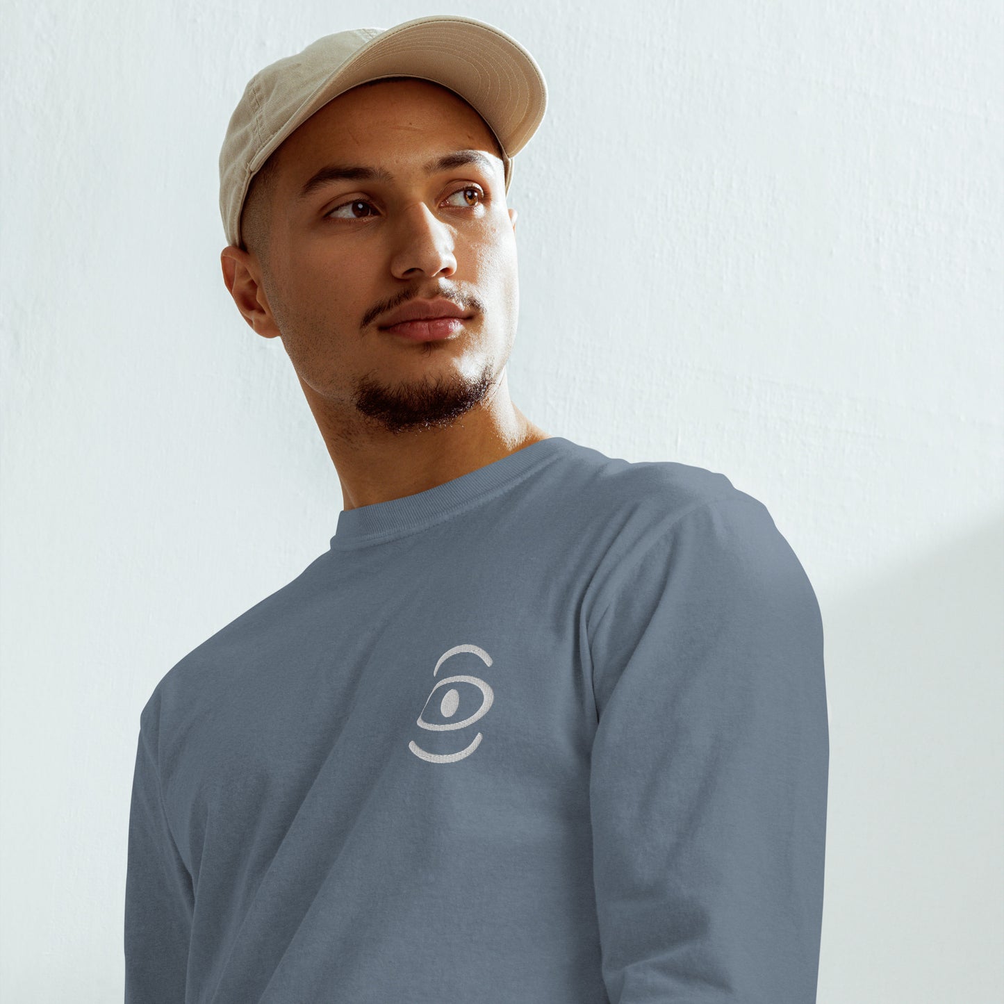 Jaha Logo Garment-Dyed Heavyweight Long Sleeve T Shirt w Embroidered Left Chest & Back Print - Blank Page White