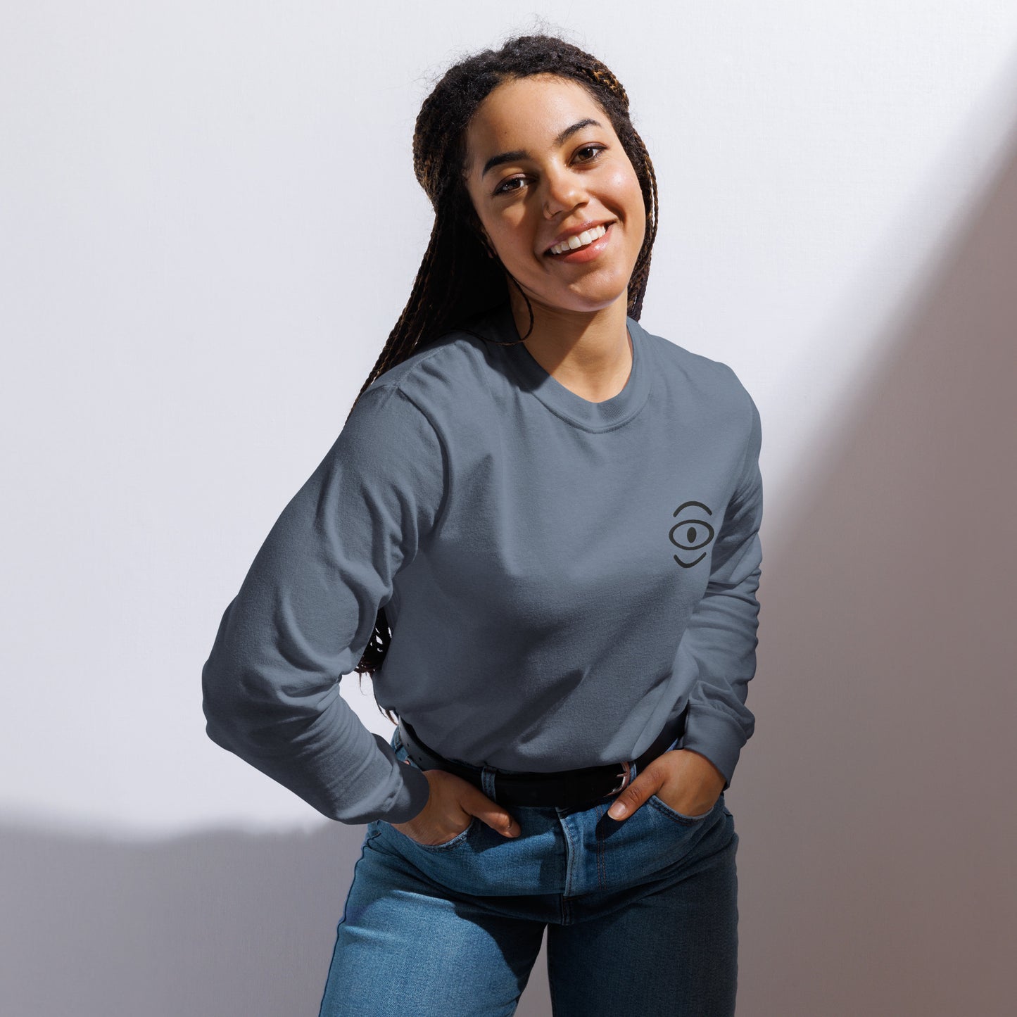 Jaha Logo Garment-Dyed Heavyweight Long Sleeve T Shirt w Embroidered Left Chest & Back Print - Smoke Signal Black