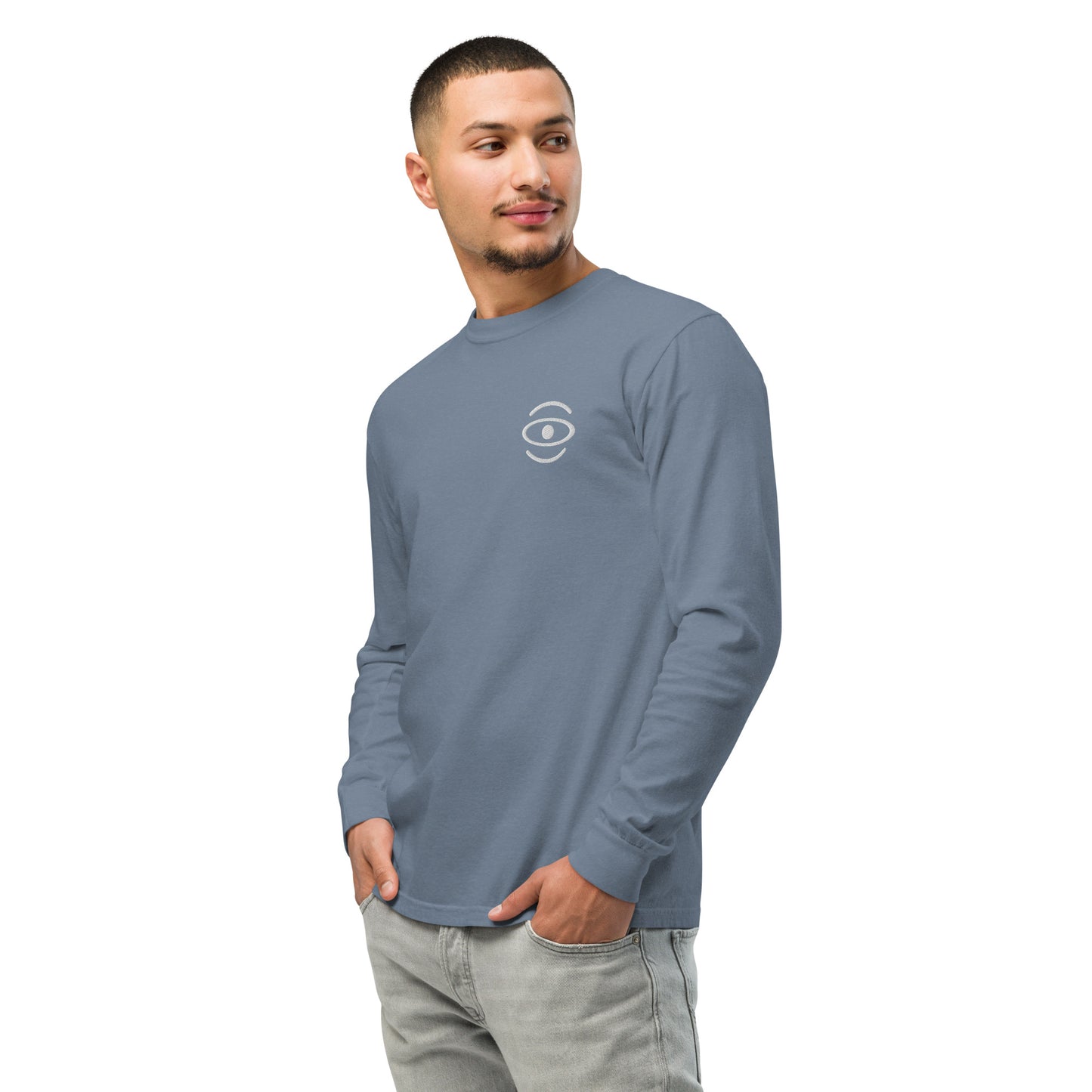 Jaha Logo Garment-Dyed Heavyweight Long Sleeve T Shirt w Embroidered Left Chest & Back Print - Blank Page White