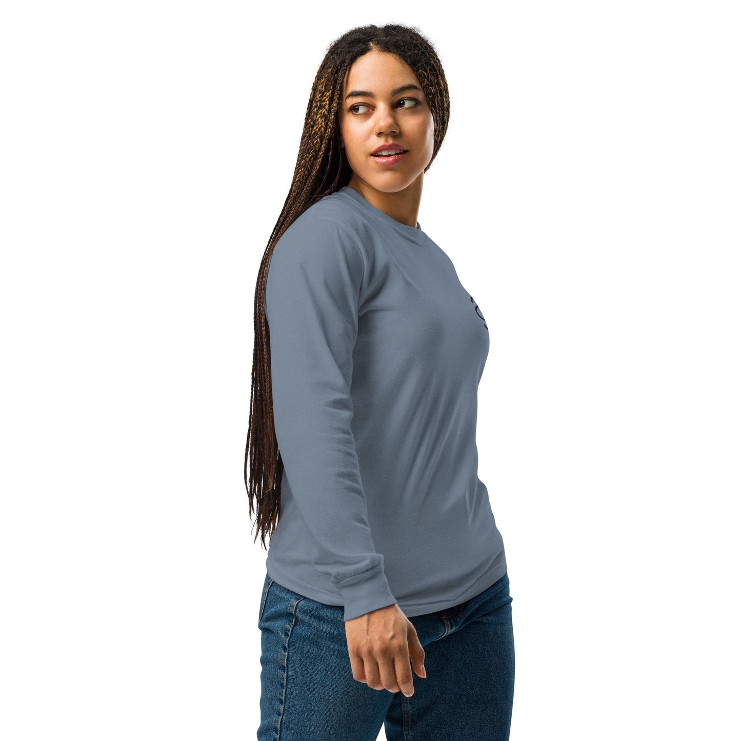 Jaha Logo Garment-Dyed Heavyweight Long Sleeve T Shirt w Embroidered Left Chest & Back Print - Smoke Signal Black