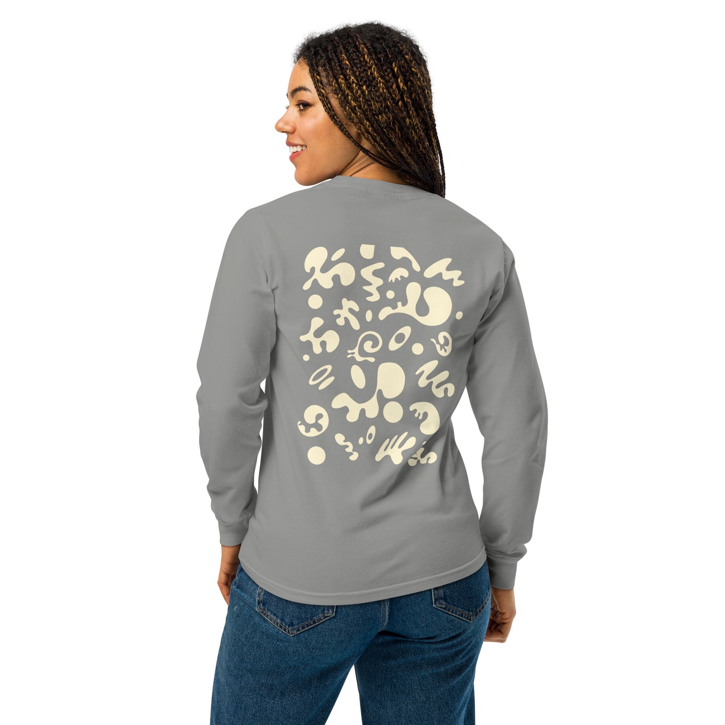 Jaha Logo Garment-Dyed Heavyweight Long Sleeve T Shirt w Embroidered Left Chest & Back Print - Blank Page White