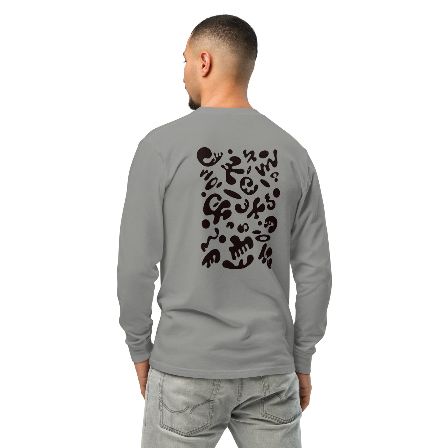 Jaha Logo Garment-Dyed Heavyweight Long Sleeve T Shirt w Embroidered Left Chest & Back Print - Smoke Signal Black