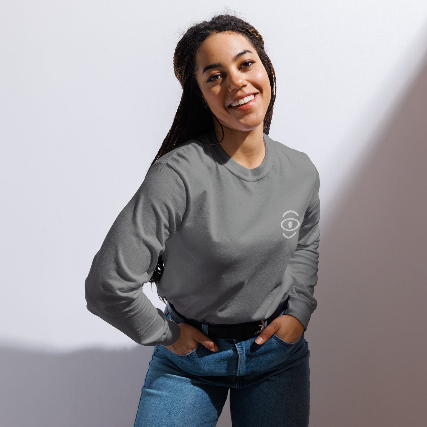 Jaha Logo Garment-Dyed Heavyweight Long Sleeve T Shirt w Embroidered Left Chest & Back Print - Blank Page White