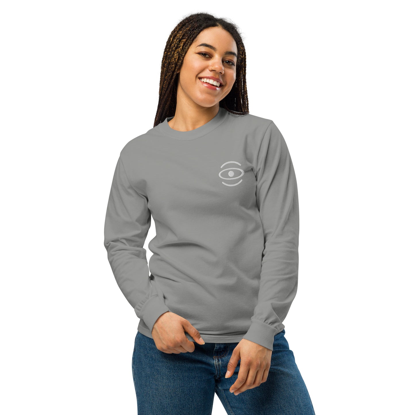 Jaha Logo Garment-Dyed Heavyweight Long Sleeve T Shirt w Embroidered Left Chest & Back Print - Blank Page White