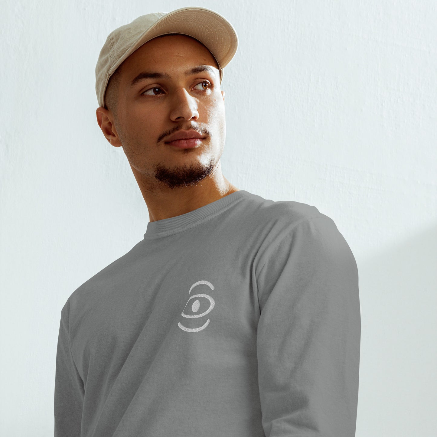 Jaha Logo Garment-Dyed Heavyweight Long Sleeve T Shirt w Embroidered Left Chest & Back Print - Blank Page White