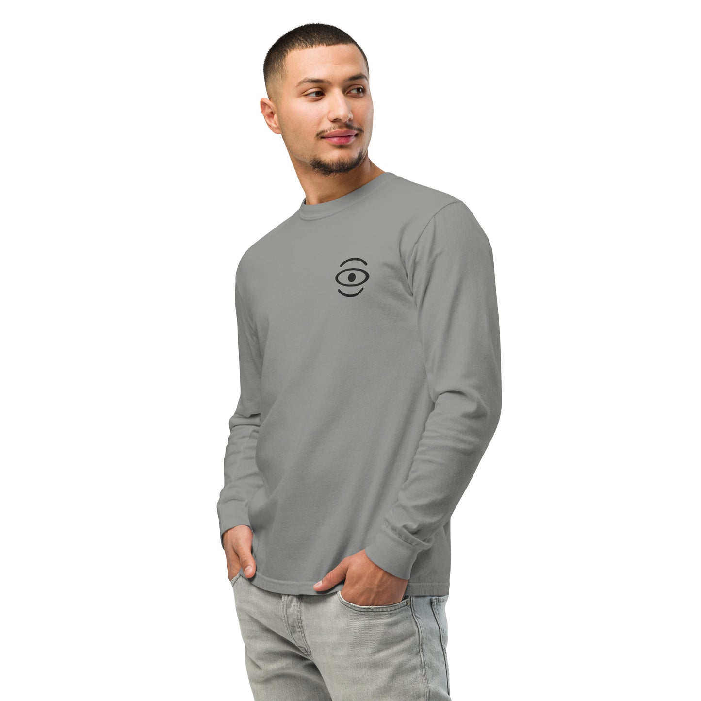 Jaha Logo Garment-Dyed Heavyweight Long Sleeve T Shirt w Embroidered Left Chest & Back Print - Smoke Signal Black