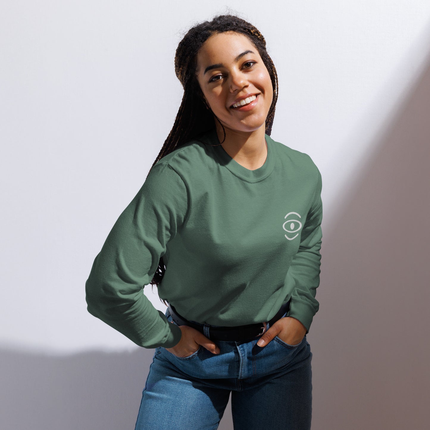 Jaha Logo Garment-Dyed Heavyweight Long Sleeve T Shirt w Embroidered Left Chest & Back Print - Blank Page White