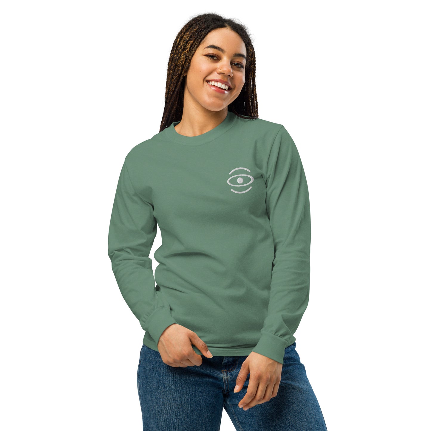 Jaha Logo Garment-Dyed Heavyweight Long Sleeve T Shirt w Embroidered Left Chest & Back Print - Blank Page White