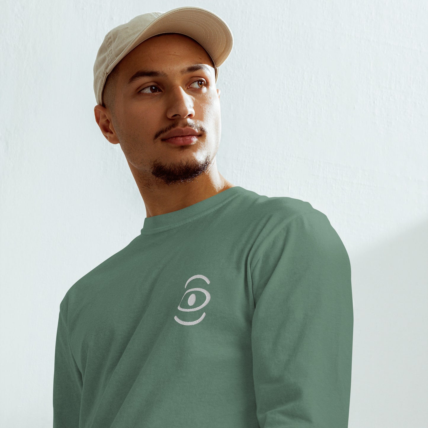 Jaha Logo Garment-Dyed Heavyweight Long Sleeve T Shirt w Embroidered Left Chest & Back Print - Blank Page White