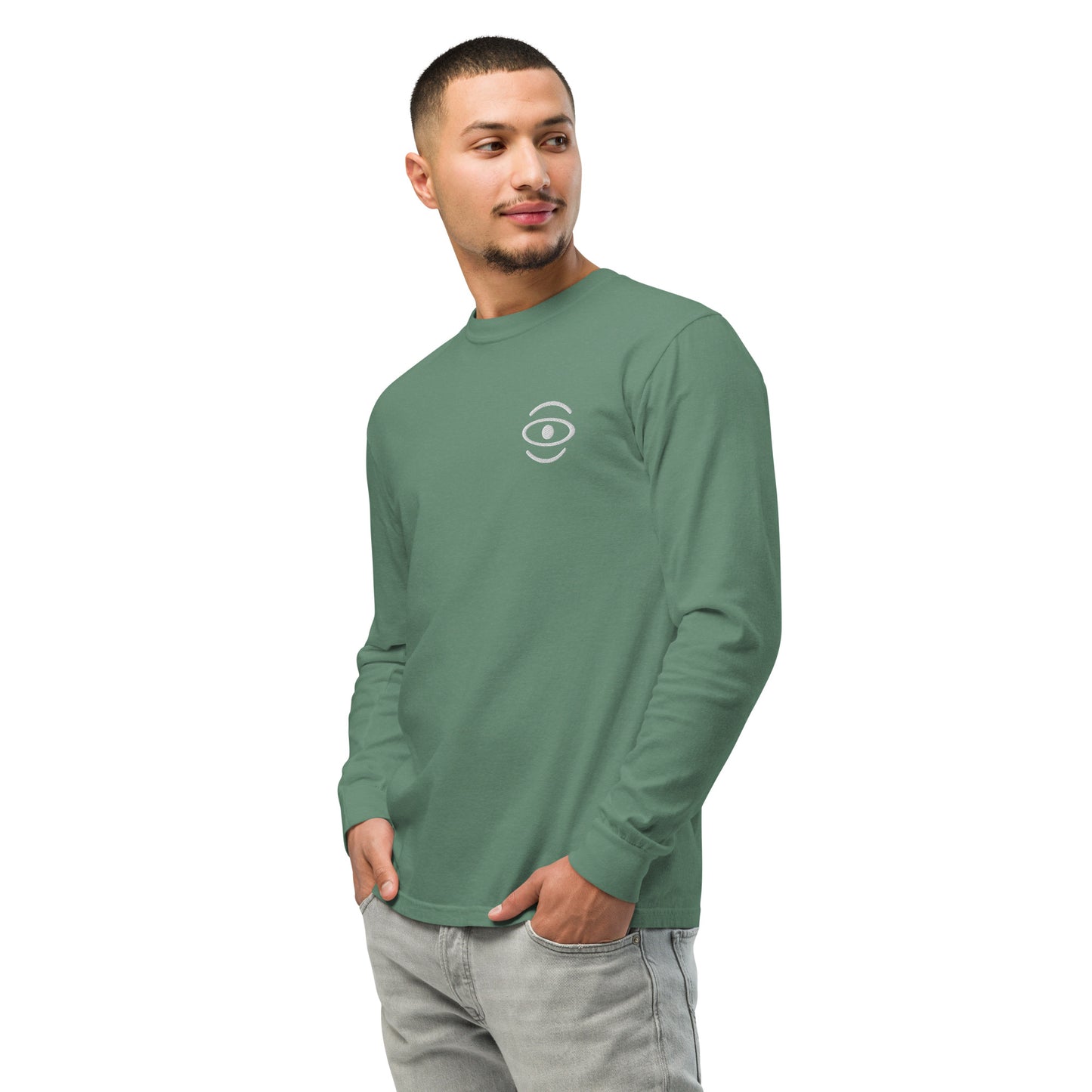 Jaha Logo Garment-Dyed Heavyweight Long Sleeve T Shirt w Embroidered Left Chest & Back Print - Blank Page White