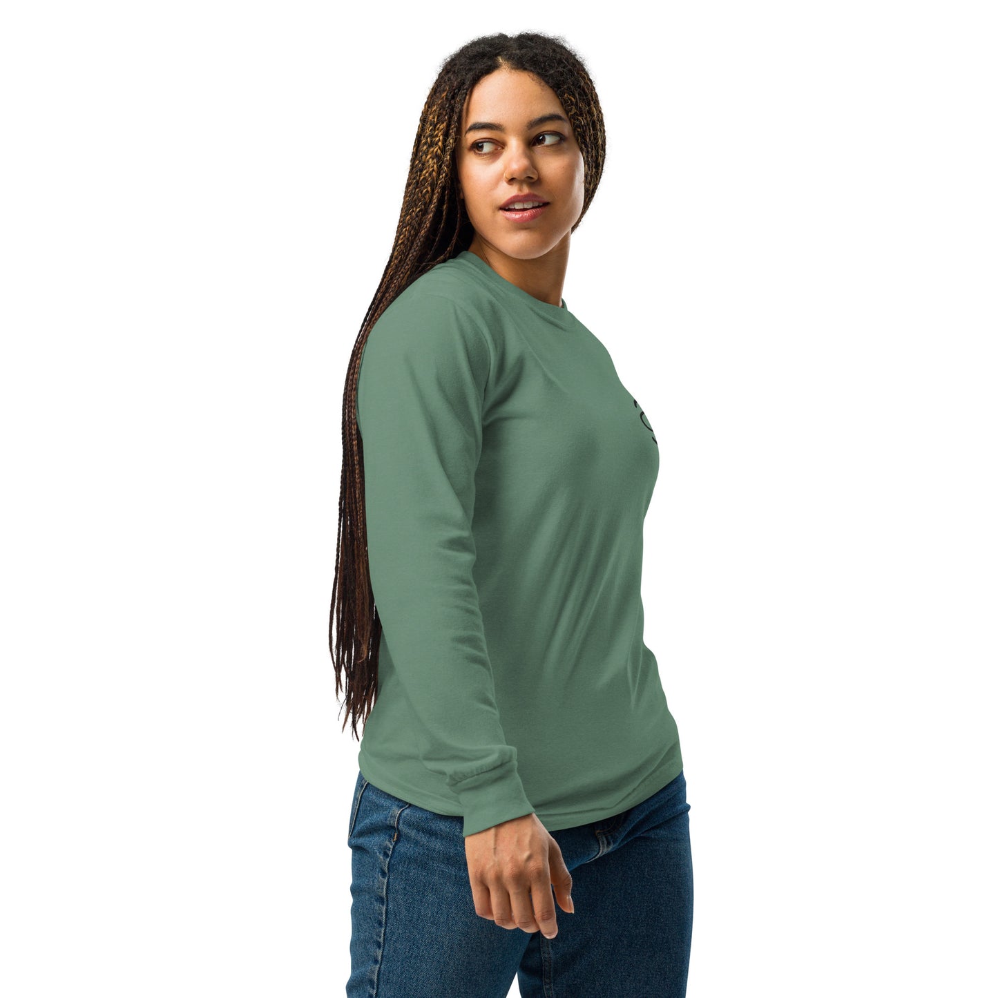 Jaha Logo Garment-Dyed Heavyweight Long Sleeve T Shirt w Embroidered Left Chest & Back Print - Smoke Signal Black