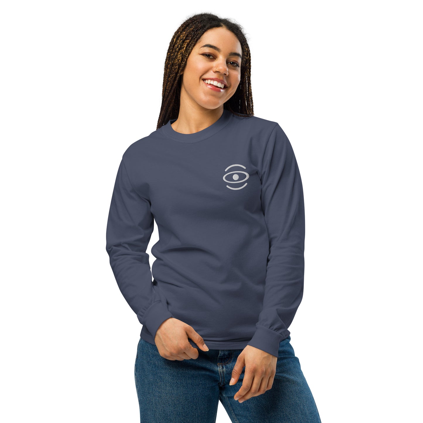 Jaha Logo Garment-Dyed Heavyweight Long Sleeve T Shirt w Embroidered Left Chest & Back Print - Blank Page White