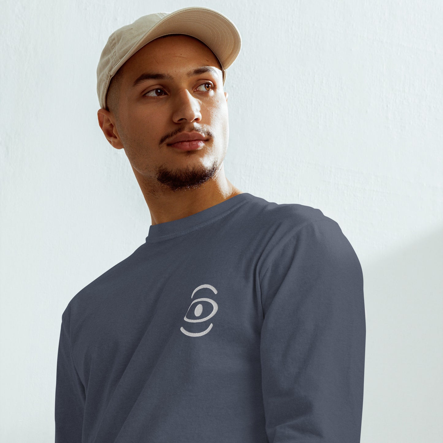Jaha Logo Garment-Dyed Heavyweight Long Sleeve T Shirt w Embroidered Left Chest & Back Print - Blank Page White