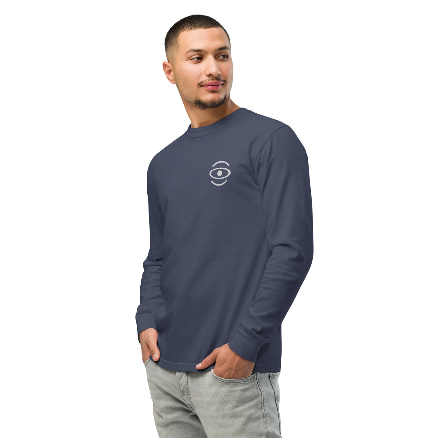 Jaha Logo Garment-Dyed Heavyweight Long Sleeve T Shirt w Embroidered Left Chest & Back Print - Blank Page White