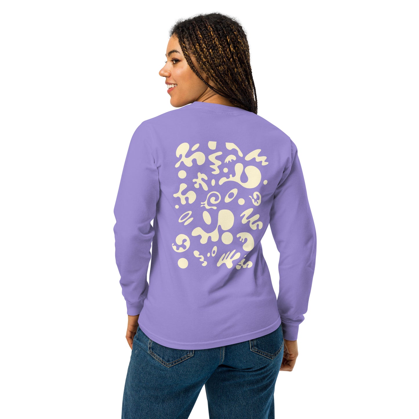 Jaha Logo Garment-Dyed Heavyweight Long Sleeve T Shirt w Embroidered Left Chest & Back Print - Blank Page White