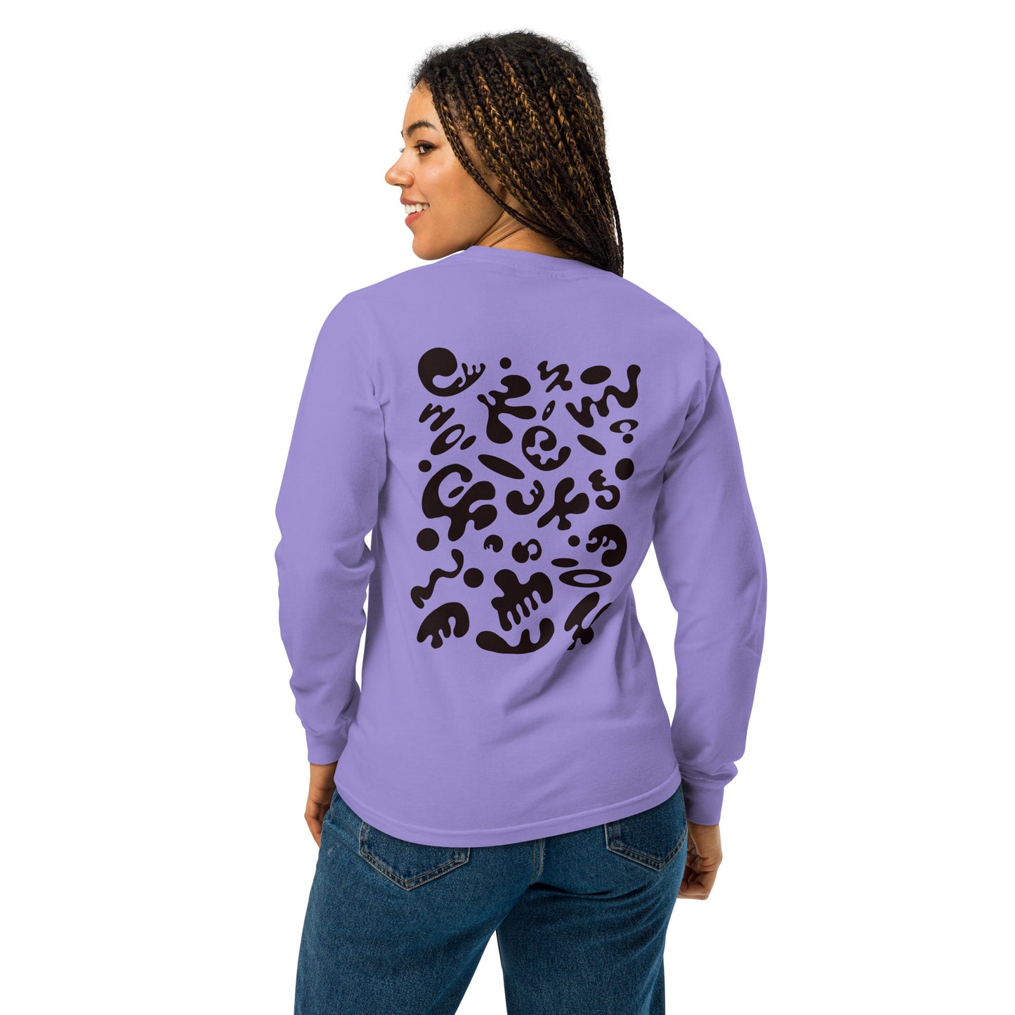 Jaha Logo Garment-Dyed Heavyweight Long Sleeve T Shirt w Embroidered Left Chest & Back Print - Smoke Signal Black