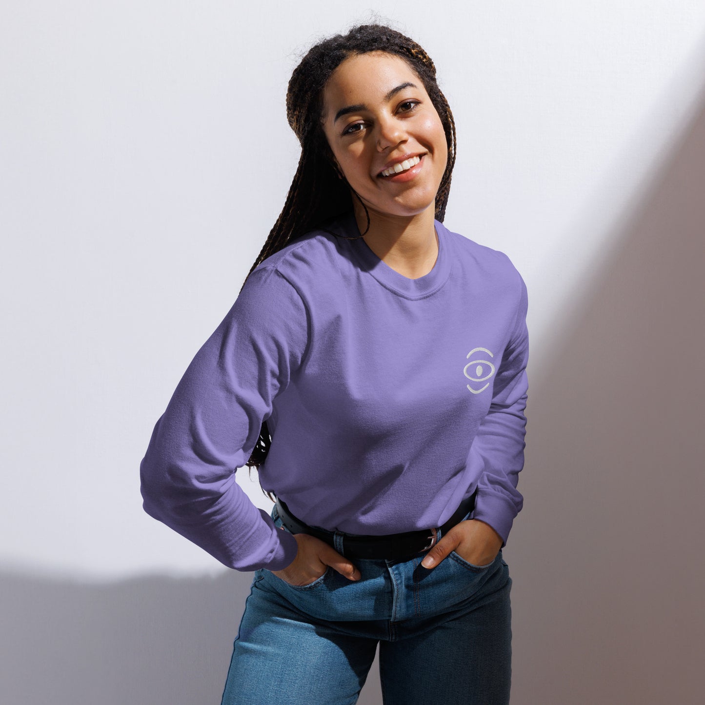 Jaha Logo Garment-Dyed Heavyweight Long Sleeve T Shirt w Embroidered Left Chest & Back Print - Blank Page White