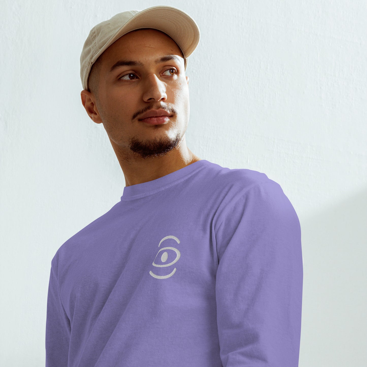 Jaha Logo Garment-Dyed Heavyweight Long Sleeve T Shirt w Embroidered Left Chest & Back Print - Blank Page White