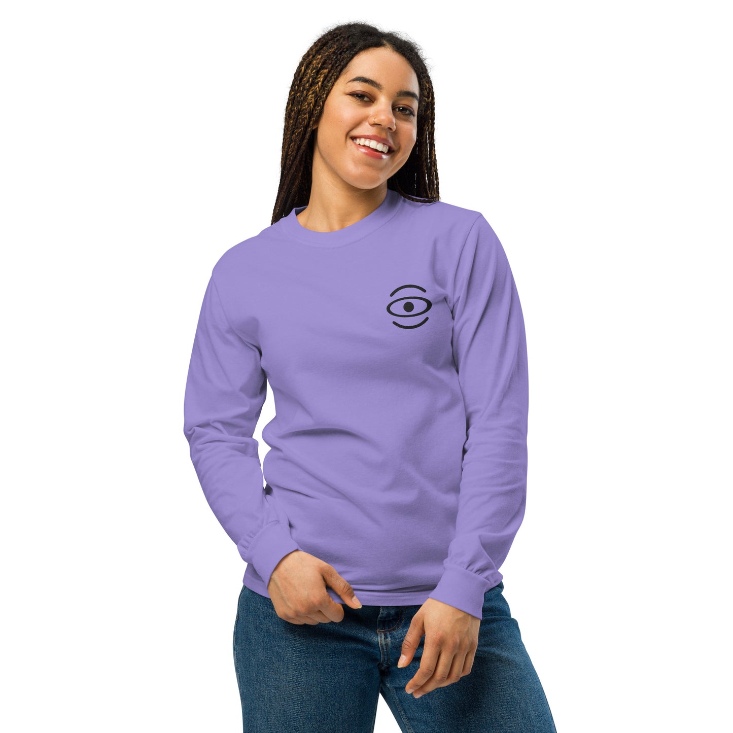 Jaha Logo Garment-Dyed Heavyweight Long Sleeve T Shirt w Embroidered Left Chest & Back Print - Smoke Signal Black