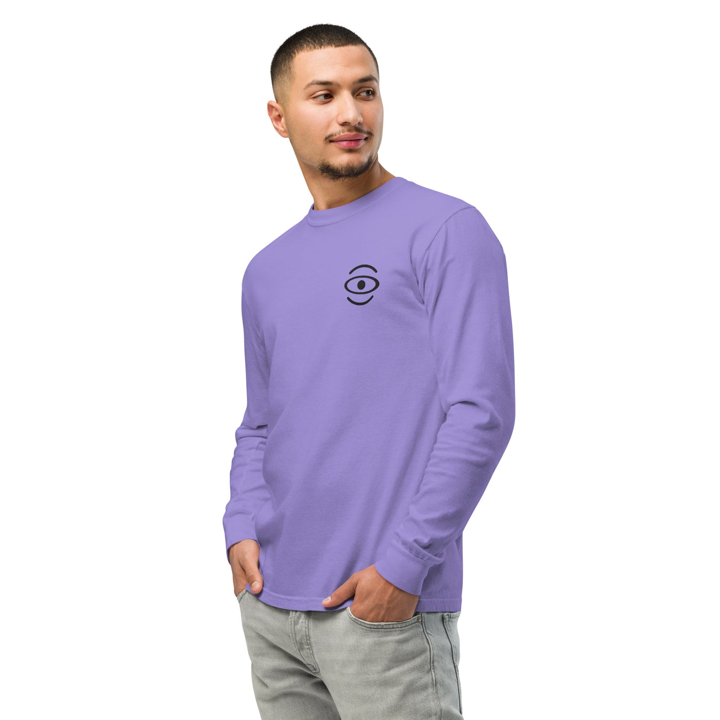 Jaha Logo Garment-Dyed Heavyweight Long Sleeve T Shirt w Embroidered Left Chest & Back Print - Smoke Signal Black