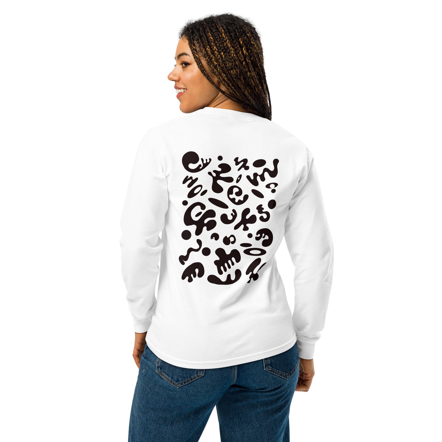 Jaha Logo Garment-Dyed Heavyweight Long Sleeve T Shirt w Embroidered Left Chest & Back Print - Smoke Signal Black