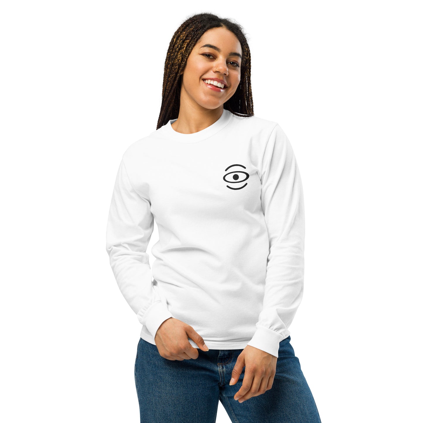 Jaha Logo Garment-Dyed Heavyweight Long Sleeve T Shirt w Embroidered Left Chest & Back Print - Smoke Signal Black