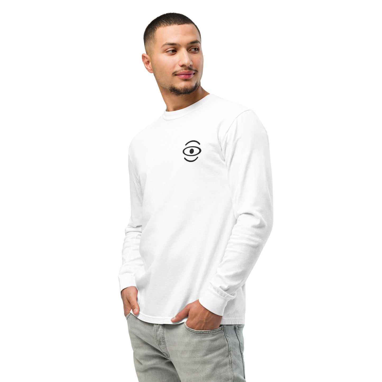 Jaha Logo Garment-Dyed Heavyweight Long Sleeve T Shirt w Embroidered Left Chest & Back Print - Smoke Signal Black