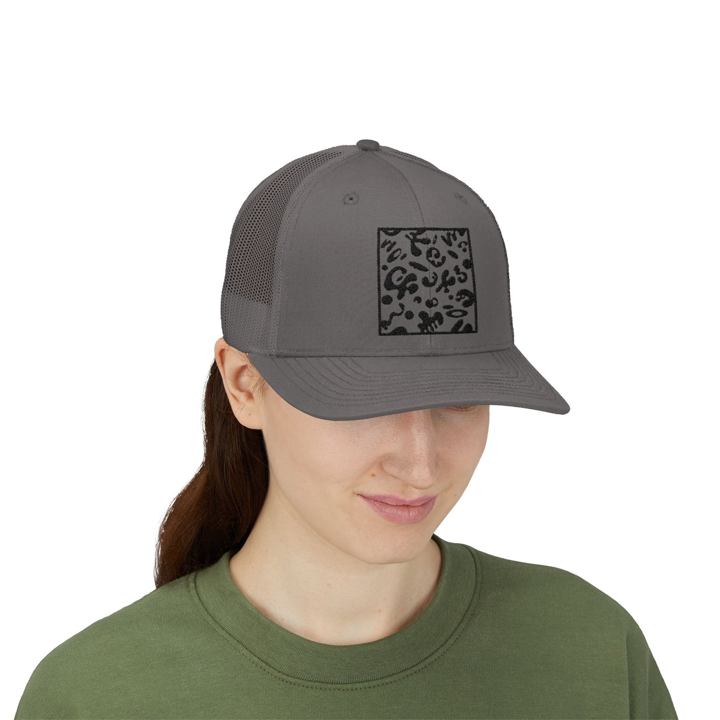 Adorn'd Square Embroidered Retro Trucker Hat - Smoke Signal Black